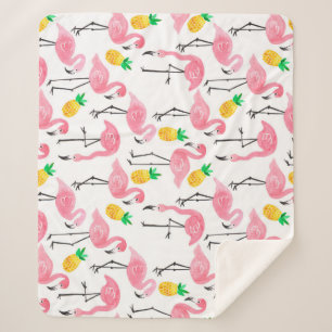 Watercolor Flamingo and Pineapple: Tropical Set. Sherpa Blanket
