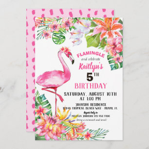 Watercolor Flamingo and Tropical Floral Birthday Invitation