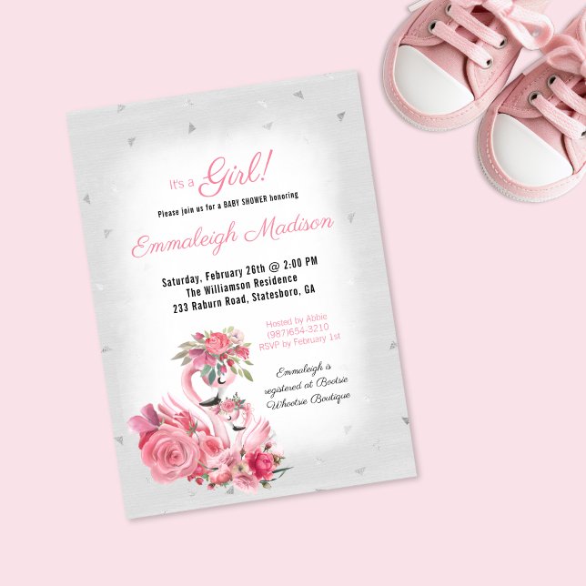 Watercolor Flamingo Ballerina Silver Baby Shower Invitation