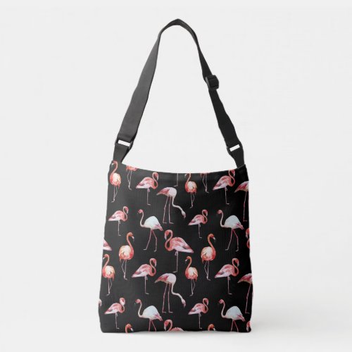 Watercolor flamingo black pattern tropical crossbody bag