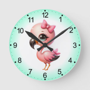Watercolor Flamingo Cartoon Clipart-95057 Round Clock