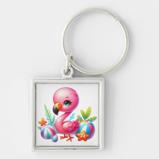 Watercolor Flamingo Cartoon Clipart-95059 Keychain (Front)