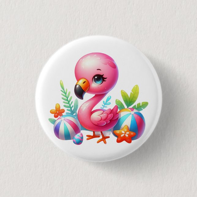 Watercolor Flamingo Cartoon Clipart  Button (Front)