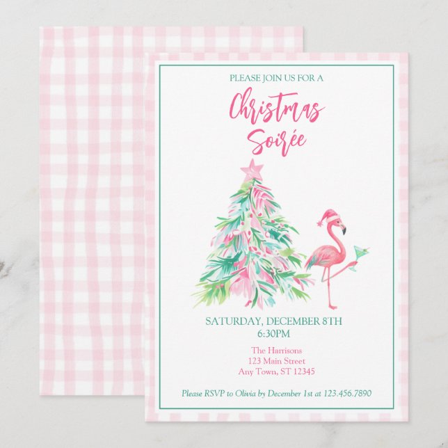 Watercolor Flamingo Christmas Soirée Invitation (Front/Back)