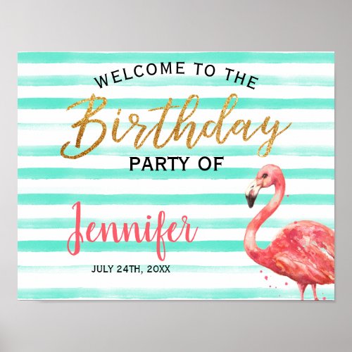 Watercolor Flamingo Gold Birthday  Welcome Sign