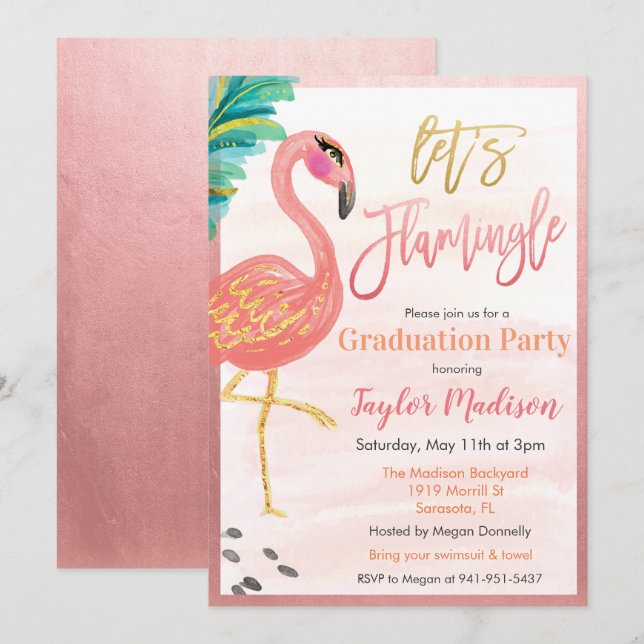 Watercolor Flamingo Graduation Party Invitation (Front/Back)