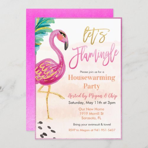 Watercolor Flamingo Housewarming Party Invitation