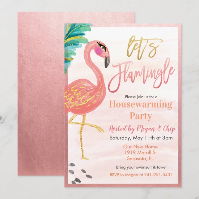 Watercolor Flamingo Housewarming Party Invitation (Front/Back)