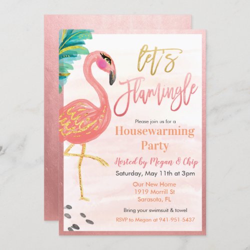 Watercolor Flamingo Housewarming Party Invitation