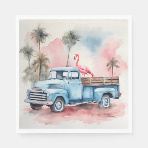 Watercolor Flamingo In Retro Blue Truck Napkins