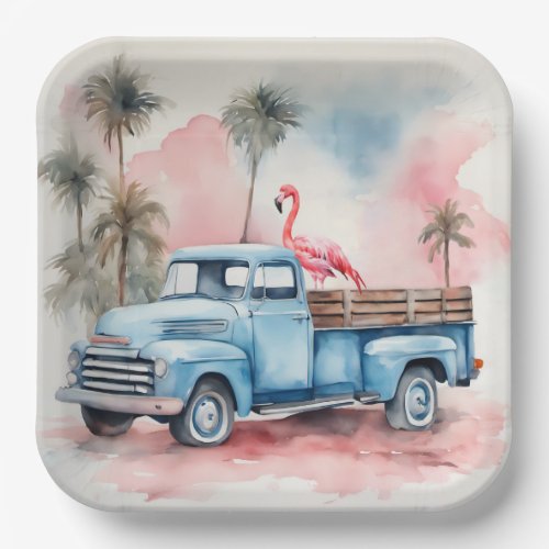 Watercolor Flamingo In Retro Blue Truck Paper Plates