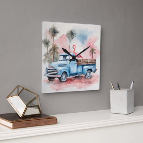 Watercolor Flamingo In Retro Blue Truck Square Wall Clock