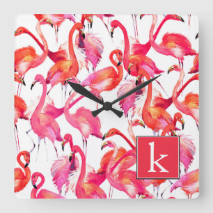 Watercolor Flamingo In Watercolors Add Your Name Square Wall Clock