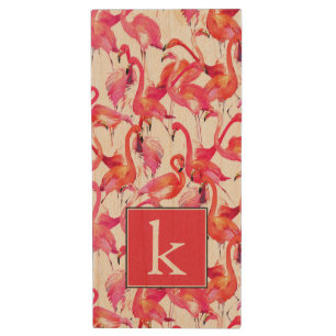 Watercolor Flamingo In Watercolors Add Your Name Wood USB Flash Drive