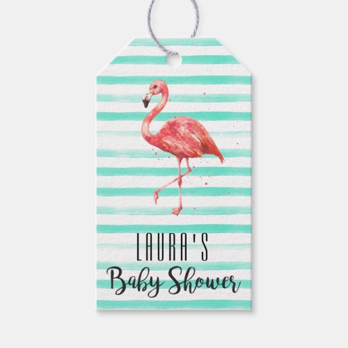 Watercolor Flamingo Mint Stripes  Baby Shower Gift Tags
