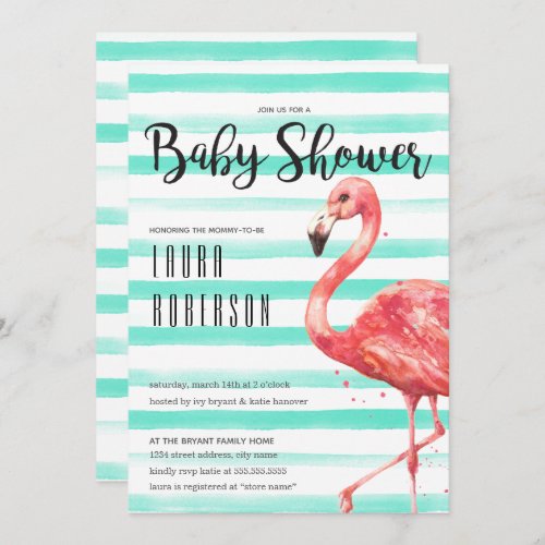 Watercolor Flamingo Mint Stripes  Baby Shower Invitation