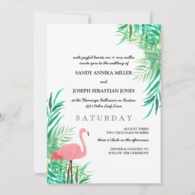 Watercolor Flamingo & Palm Leaves Tropical Wedding Invitation (Front)