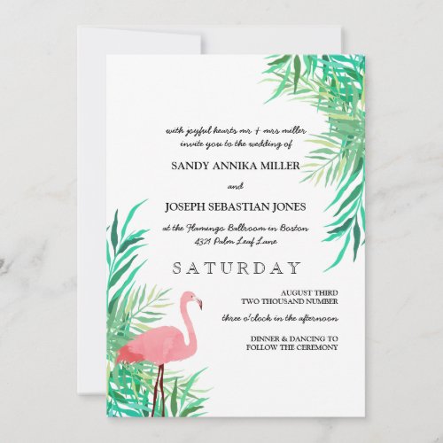 Watercolor Flamingo  Palm Leaves Tropical Wedding Invitation