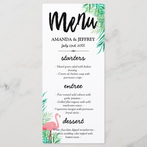 Watercolor Flamingo & Palm Leaves Wedding Menu