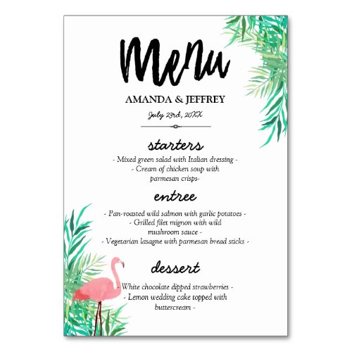 Watercolor Flamingo  Palm Leaves Wedding Menu Table Number