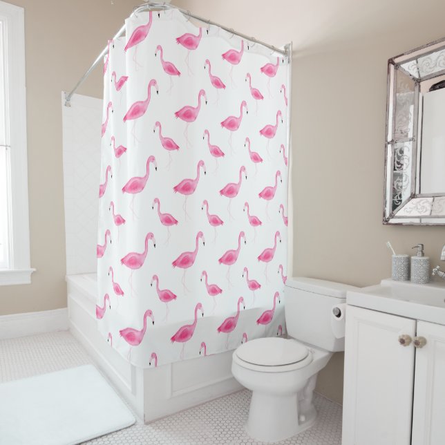 Watercolor Flamingo Pattern Shower Curtain (In Situ)