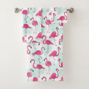 Watercolor Flamingo Pink and Mint Tropical Bath Towel Set