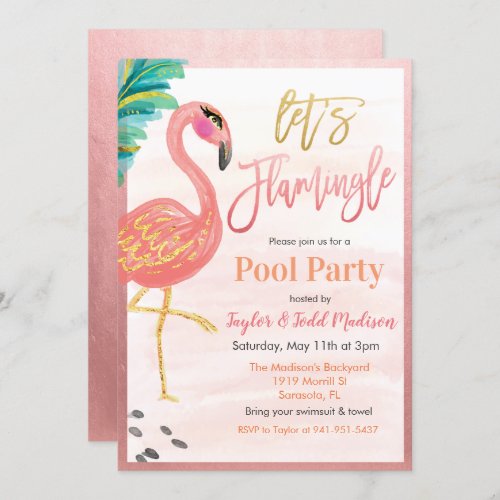 Watercolor Flamingo Pool Party Invitation