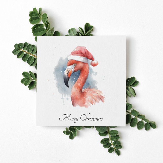 Watercolor Flamingo Santa Hat Christmas Card (Creator Uploaded)