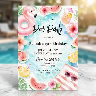 Watercolor Flamingo Summer Pool Teen Birthday Invitation