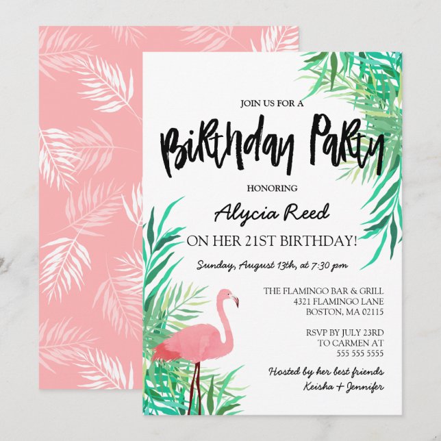 Watercolor Flamingo Tropical Birthday Party Invitation (Front/Back)