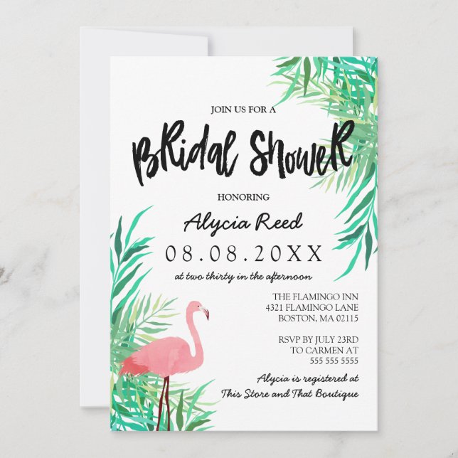 Watercolor Flamingo Tropical Bridal Shower Invitation (Front)