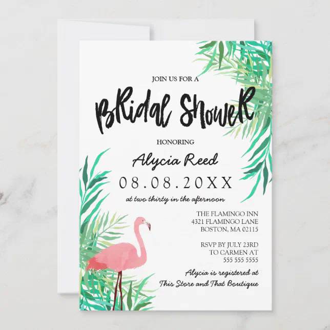 Watercolor Flamingo Tropical Bridal Shower Invitation | Zazzle