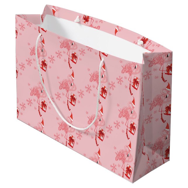 Watercolor Flamingo Tropical Christmas Holiday Large Gift Bag (Back Angled)