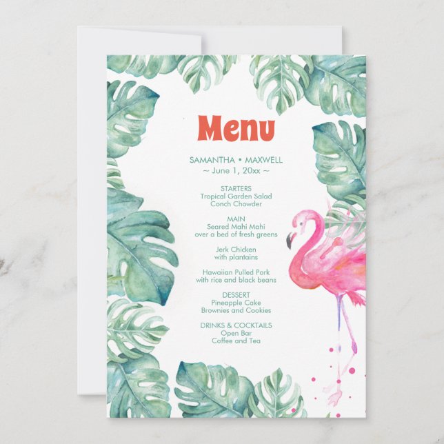 Watercolor Flamingo Tropical Menu Invitation (Front)