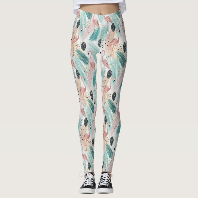 Watercolor Flamingo Tropical Pattern Leggings (Front)