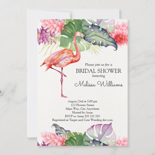Watercolor Flamingo Tropical Summer Bridal Shower Invitation