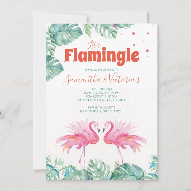 Watercolor Flamingo Twins Birthday Party Invitation (Front)