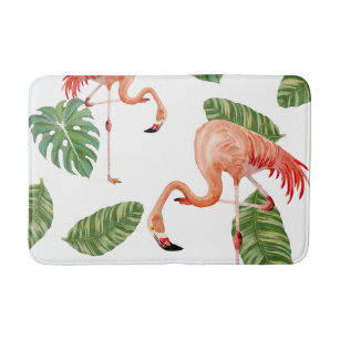 Watercolor Flamingo w Tropical Rainforest Leaves Bathroom Mat