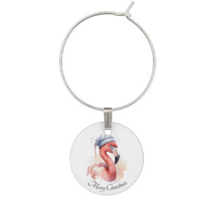 Watercolor Flamingo Winter Beanie Merry Christmas Wine Charm