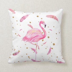 Watercolor Flamingo with Floating Feathers Pillow