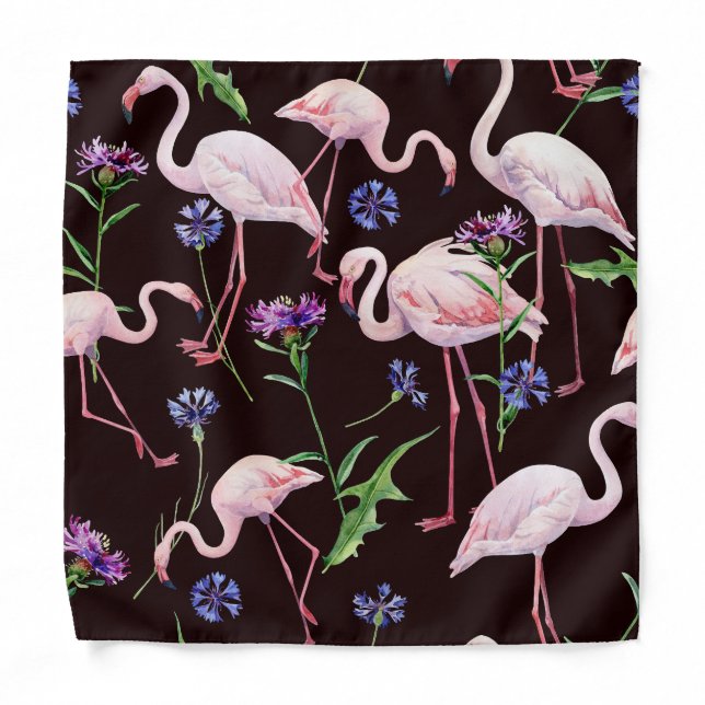 Watercolor flamingos and wild flowers pattern. bandana (Front)