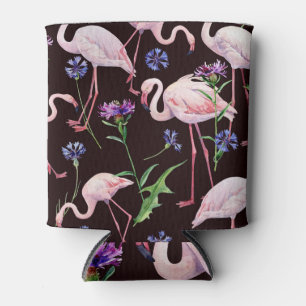 Watercolor flamingos and wild flowers pattern. can cooler