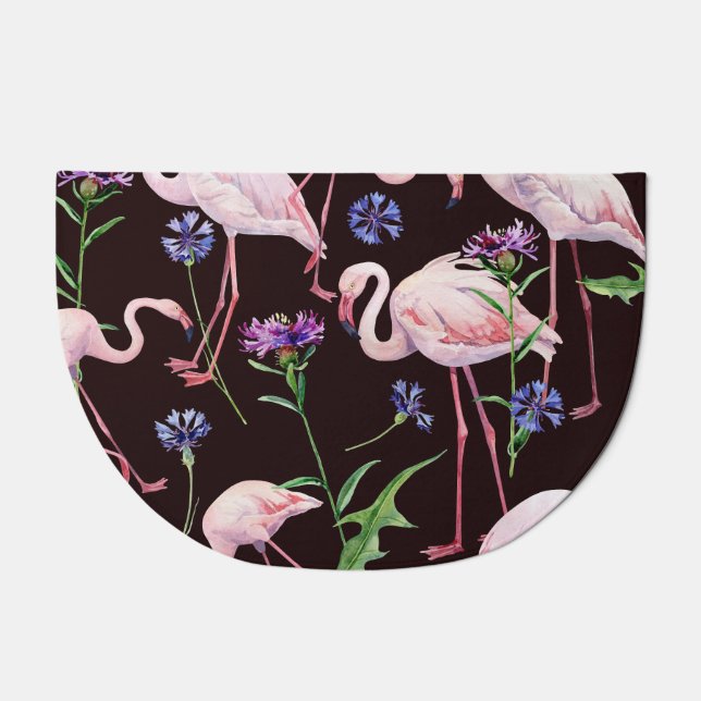Watercolor flamingos and wild flowers pattern. doormat (Front)