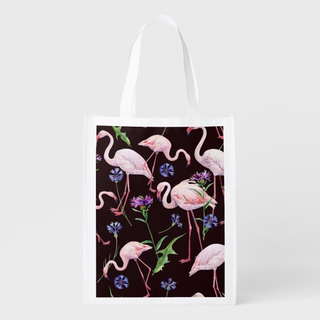 Watercolor flamingos and wild flowers pattern. grocery bag (Front)