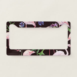 Watercolor flamingos and wild flowers pattern. license plate frame