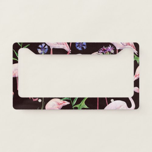 Watercolor flamingos and wild flowers pattern license plate frame