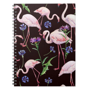 Watercolor flamingos and wild flowers pattern. notebook