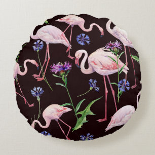 Watercolor flamingos and wild flowers pattern. round pillow