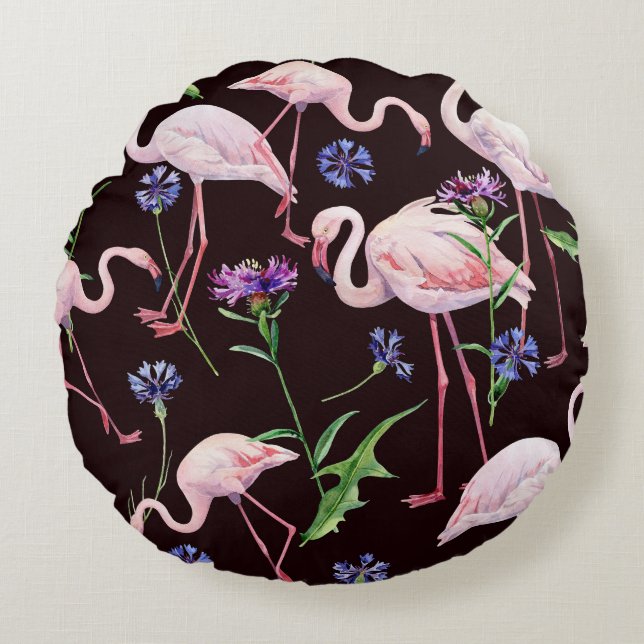 Watercolor flamingos and wild flowers pattern. round pillow (Front)