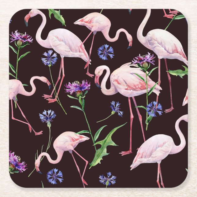 Watercolor flamingos and wild flowers pattern. square paper coaster (Front)